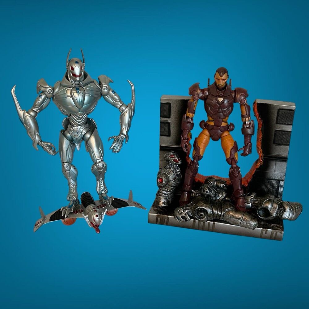 Set Of 2 Toy Biz Marvel Legends 2005 Iron Man W/ Diorama & 2006 Ultron W/Gilder